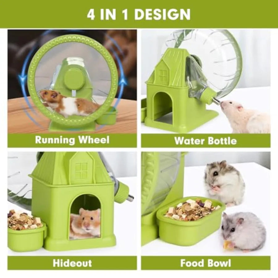 4 in 1 Quiet Hamster Exercise Wheel, Multi Functional Hamster House with Running Wheel, Water Bottle, Food Bowl and Hideout,