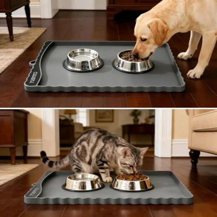 Dog Food Mat 20" x 15", Waterproof Silicone Pet Feeding Mat with Raised Edge and Residue Pocket, Non-Slip Bowl Mat for Dog Cat