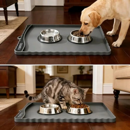 Dog Food Mat 20" x 15", Waterproof Silicone Pet Feeding Mat with Raised Edge and Residue Pocket, Non-Slip Bowl Mat for Dog Cat