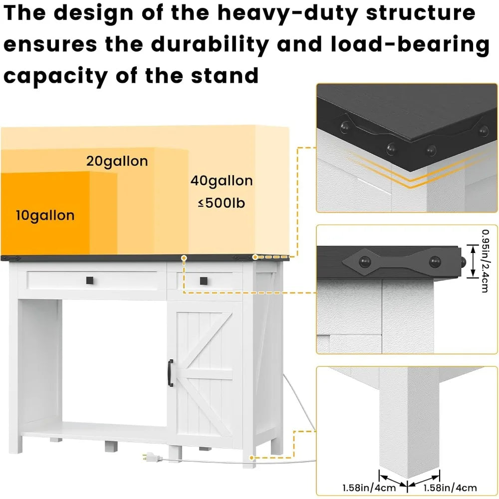 40 Gallon Aquarium Stand With Charging Station, Farmhouse Fish Tank Stand, Reptile Tank Stand Terrarium Stand with Drawer and Cabinet