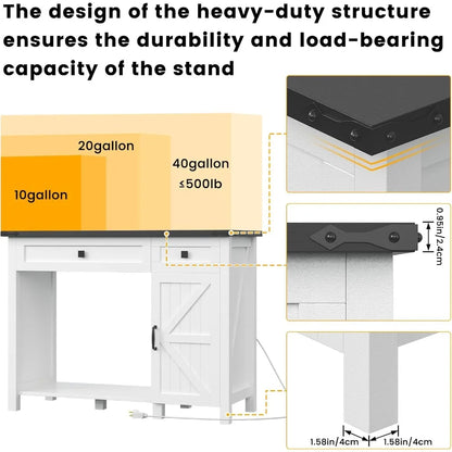 40 Gallon Aquarium Stand With Charging Station, Farmhouse Fish Tank Stand, Reptile Tank Stand Terrarium Stand with Drawer and Cabinet