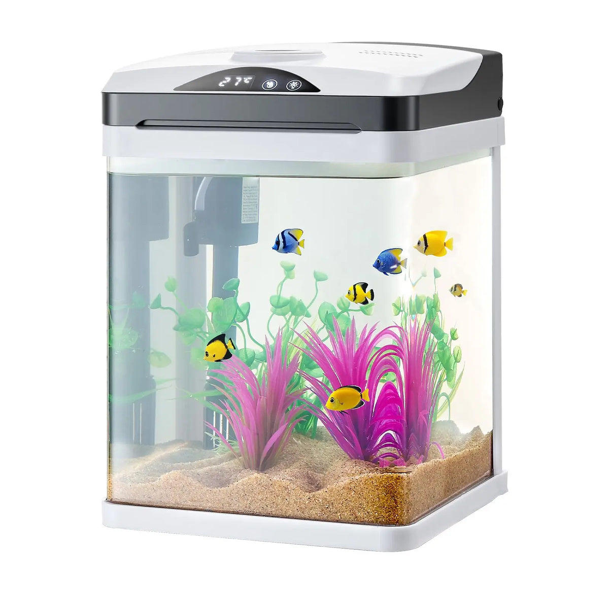 Fish Tank Aquarium, 2 Gallon LED Square Ultra-Clear Glass Tank Temperature Monitoring Adjustable 7 Color Lighting,