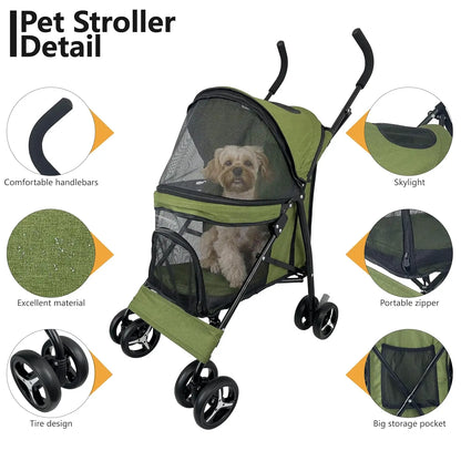 Lightweight 4-Wheel Pet Stroller, Portable with Breathable Mesh, Up to 22lbs