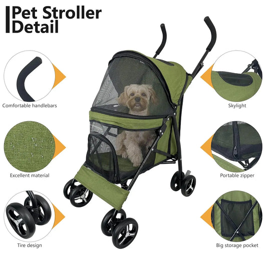 Lightweight 4-Wheel Pet Stroller, Portable with Breathable Mesh, Up to 22lbs