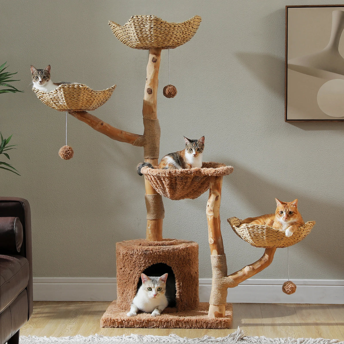 Large Cat Tree Tower with Sisal Scratching Post Wicker Basket Bed Flower Cat Condo