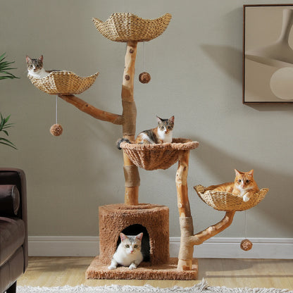 Large Cat Tree Tower with Sisal Scratching Post Wicker Basket Bed Flower Cat Condo
