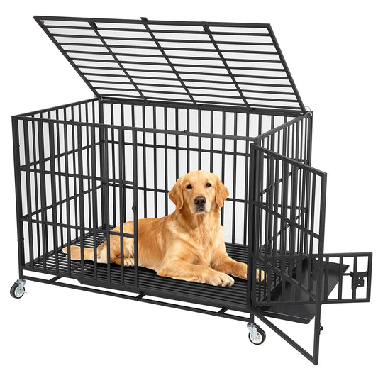 Heavy Duty Escape-Proof Metal Dog Crate with 3 Doors, Removable Tray, Locking Wheels