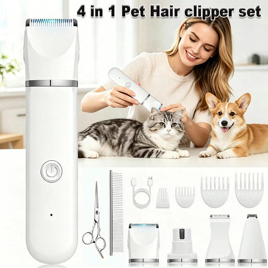 4-in-1 Pet Hair Clipper Rechargeable Dog Cat Trimmer Kit Cordless Electric Grooming Shaver with Comb Guide