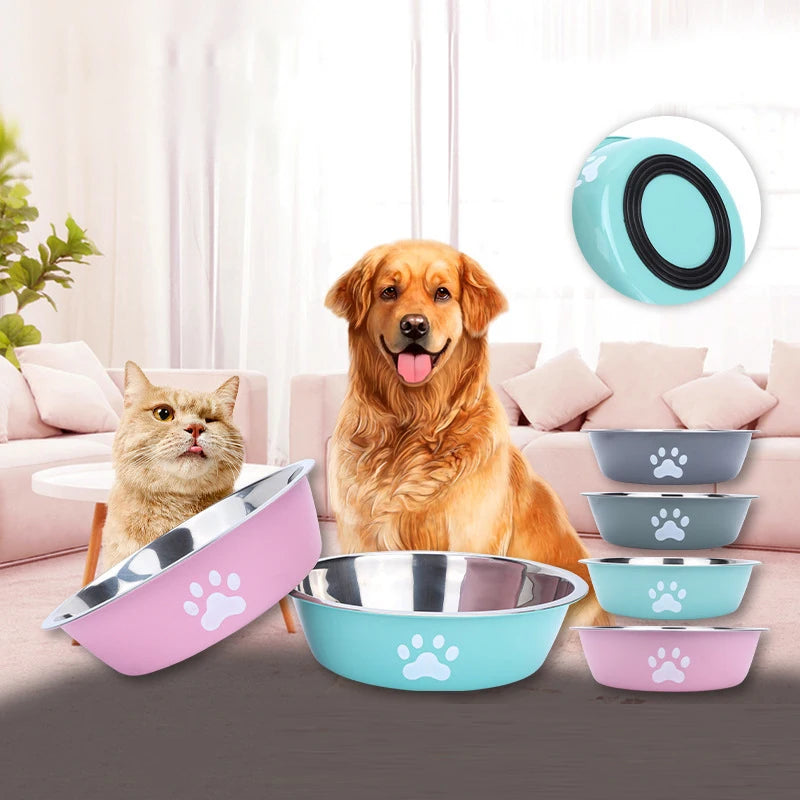 New Stainless Steel Pet Bowl with Paw Print, Silicone Non-Slip Food & Water Feeding Basin