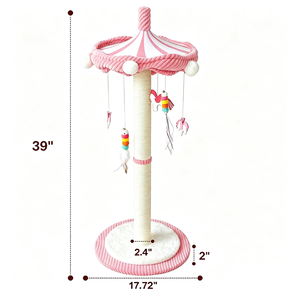 39“ Tall Carousel Cat Scratching Post with Hanging Toys with Rotating Top 17.7" Stable Base