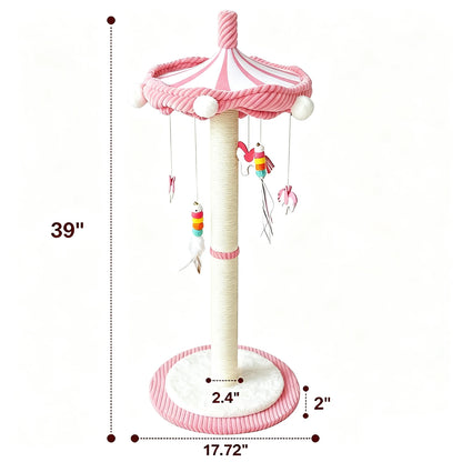 39“ Tall Carousel Cat Scratching Post with Hanging Toys with Rotating Top 17.7" Stable Base