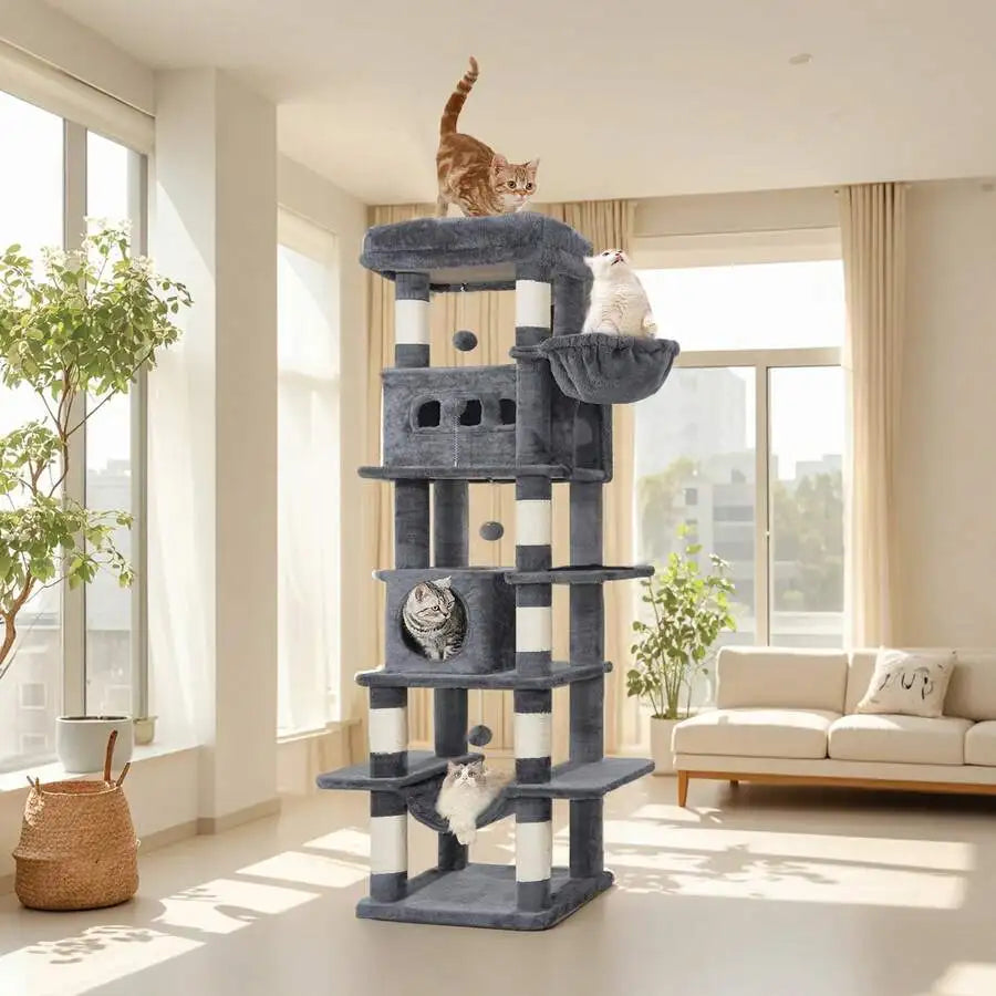67" Tall Cat Tower For Indoor Cats, Multi-Level House With Condo, 8 Scratching Posts, Hammock, 4 Pom Pom