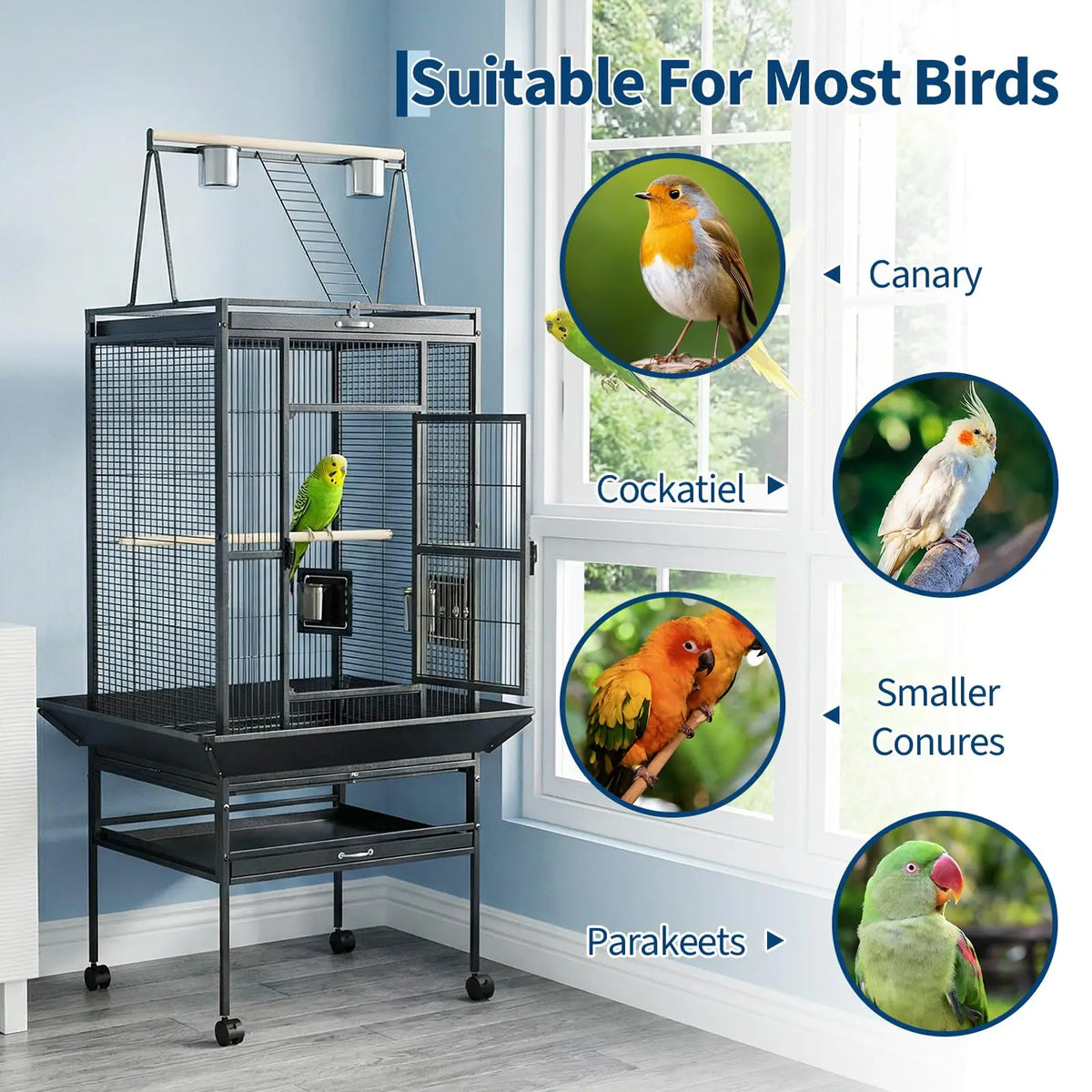 69" Extra Large Bird Cage with Rolling Stand & Play Top