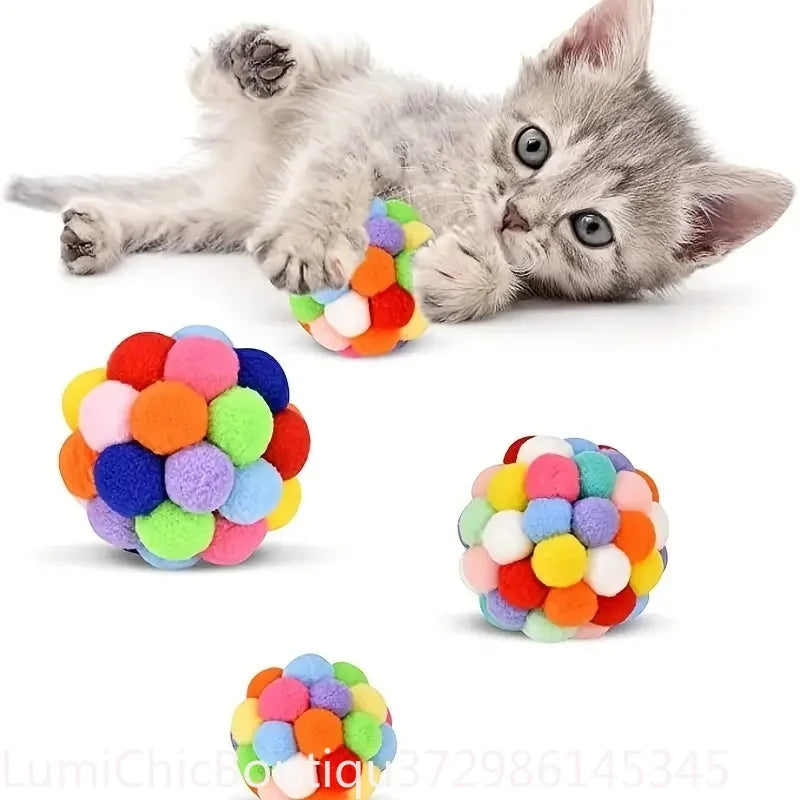 3Pcs Colorful Woolen Cat Plush Ball Toys Elastic Bell Ball Self‑Entertainment