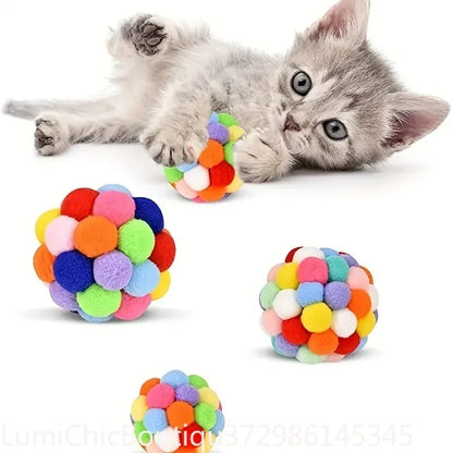 3Pcs Colorful Woolen Cat Plush Ball Toys Elastic Bell Ball Self‑Entertainment