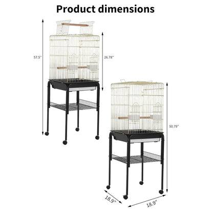 57‘’H Open-Top Bird Cage with Detachable Rolling Stand, With Slide-Out Tray,Storage Shelf,