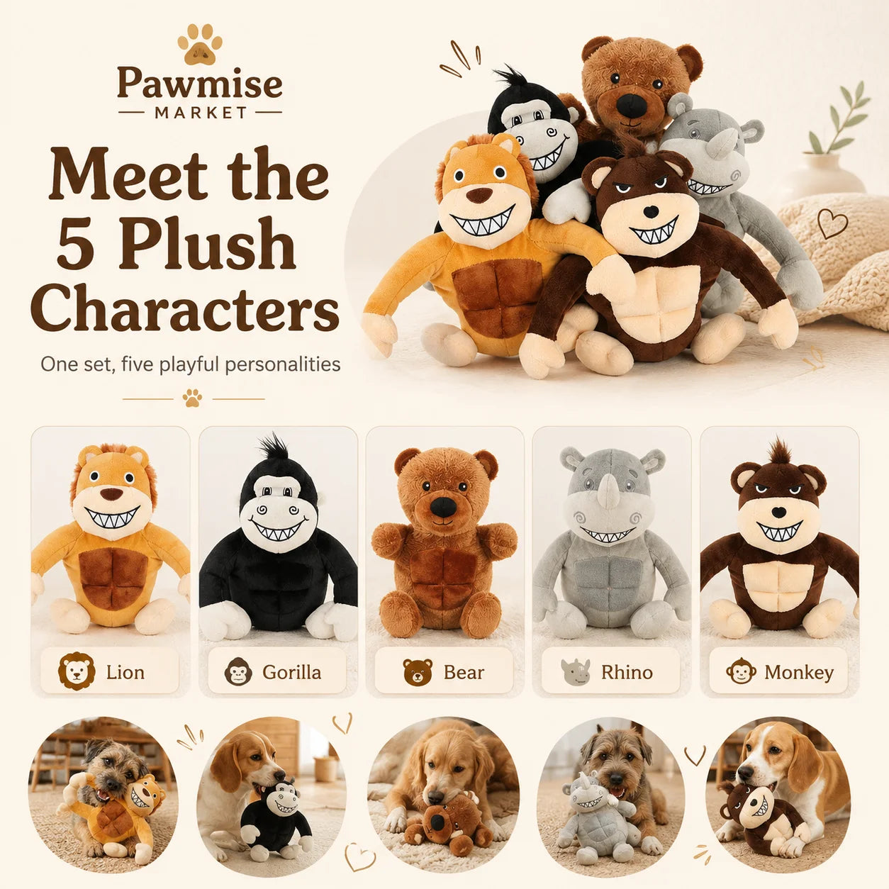 5-Piece Squeaky Plush Pet Toys Set - Lion, Bear, Rhino, Monkey & Chimpanzee - Durable Soft Chew Toys for Dogs & Cats