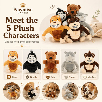 5-Piece Squeaky Plush Pet Toys Set - Lion, Bear, Rhino, Monkey & Chimpanzee - Durable Soft Chew Toys for Dogs & Cats