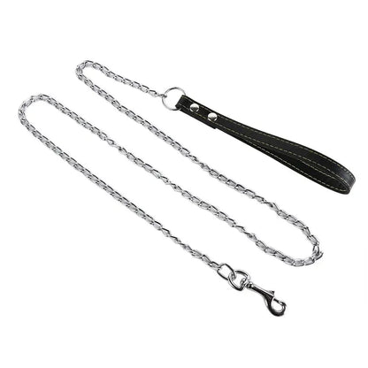 Heavy Duty Metal Chain Dog Lead With Leather Handle Long Strong Control Leash
