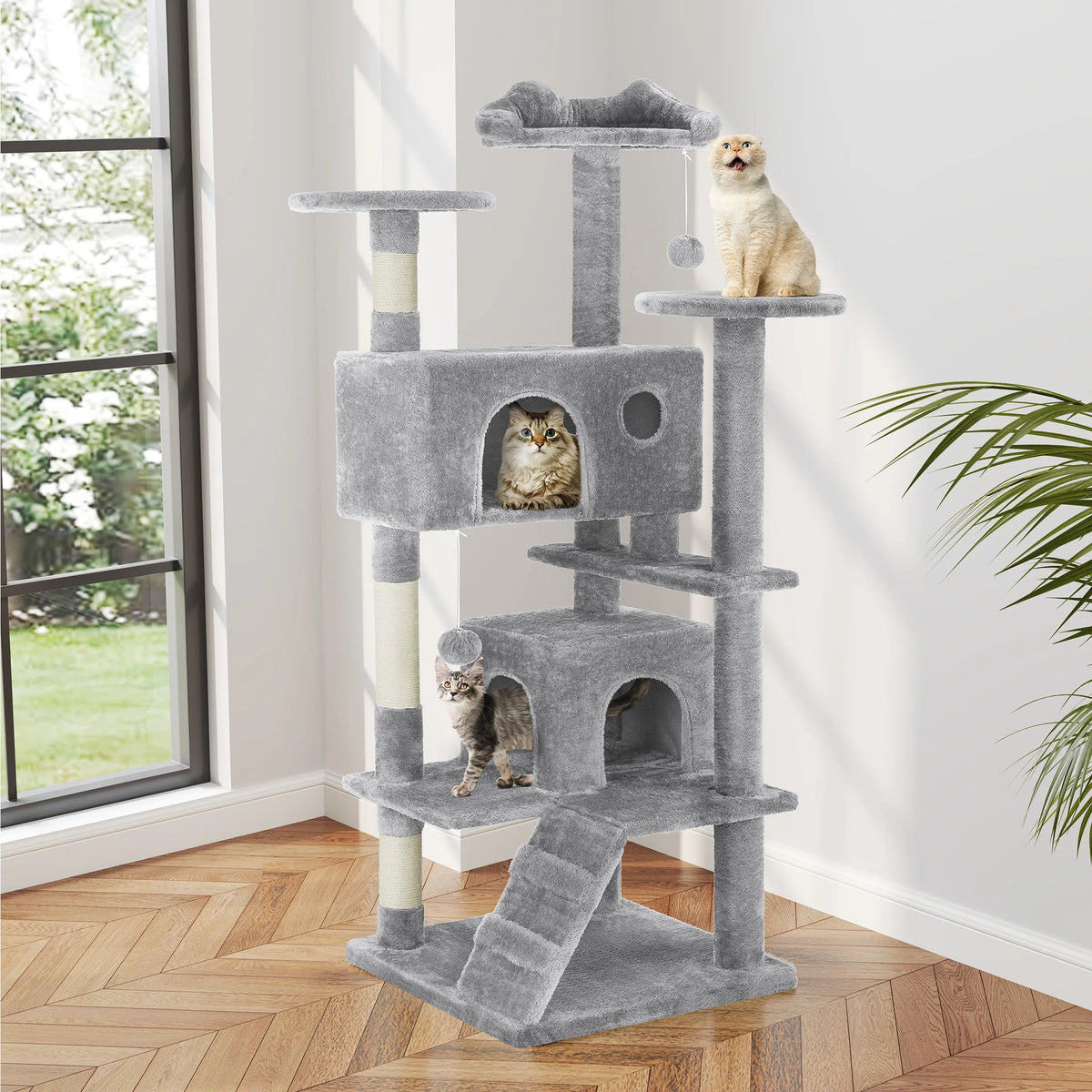54IN Indoor Cat Tree Tower Multi-Level with Sisal Scratching Post Round Platform Condo with Climbing Ladder