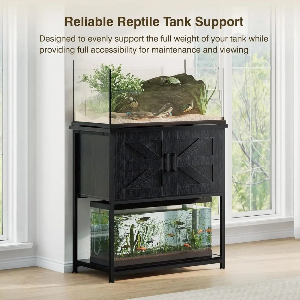 Farmhouse Style 20 Gallon Aquarium Stand with Storage, Heavy-Duty for Fish Tanks, Reptiles, and Terrariums in Black