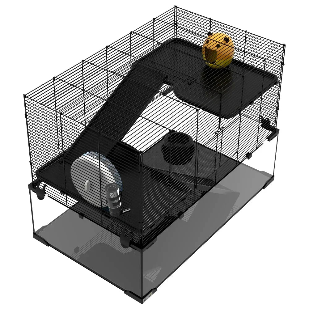 PawHut 31" Hamster Cage with Glass Basin, Ramps, Platforms, Hut, Exercise Wheel, Black