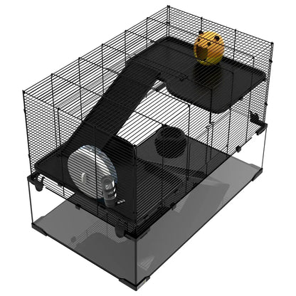 PawHut 31" Hamster Cage with Glass Basin, Ramps, Platforms, Hut, Exercise Wheel, Black