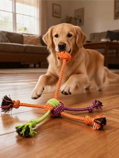 Durable Chewable Dog Rope Toy Green Orange Tassels Interactive