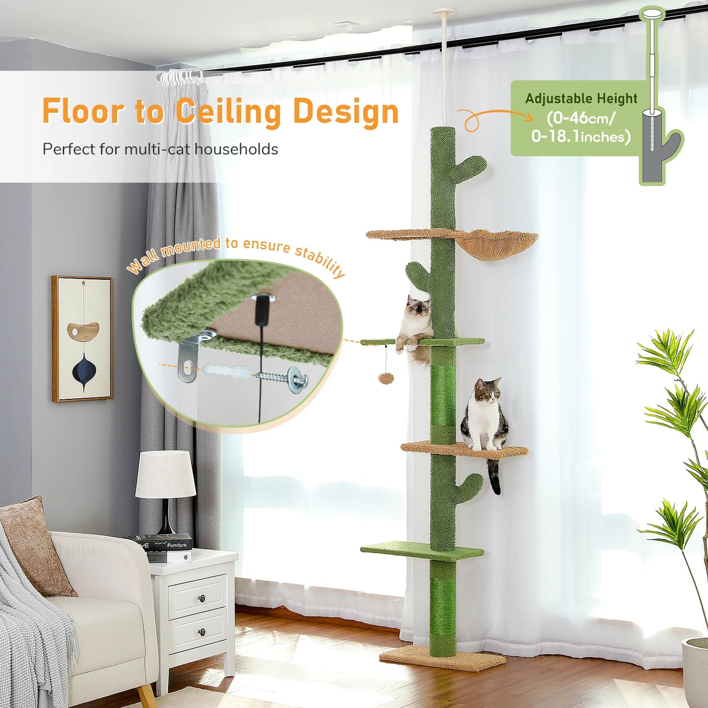 Cat Tree 5-Tier Floor to Ceiling Cat Tower With Scratching Post Hammock Dangling Ball