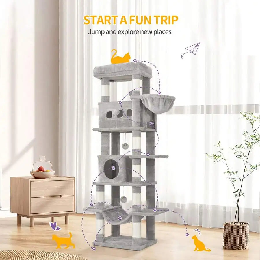 67" Tall Cat Tower For Indoor Cats, Multi-Level House With Condo, 8 Scratching Posts, Hammock, 4 Pom Pom