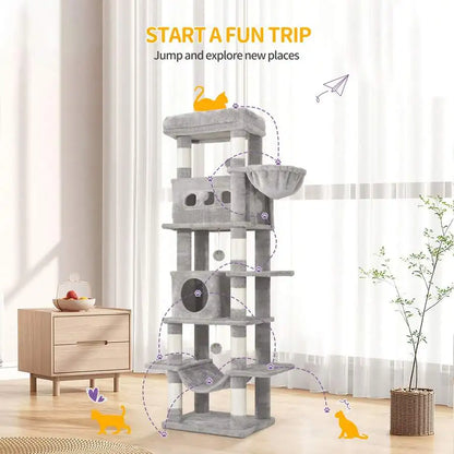 67" Tall Cat Tower For Indoor Cats, Multi-Level House With Condo, 8 Scratching Posts, Hammock, 4 Pom Pom