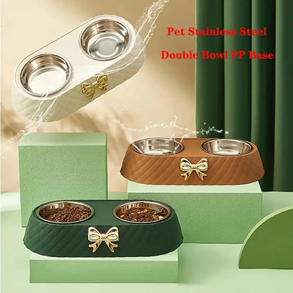 Bow-tie Bowknot Food Bowl Dog Bowl Stainless Steel Double Feeding and Drinking Double Bowl