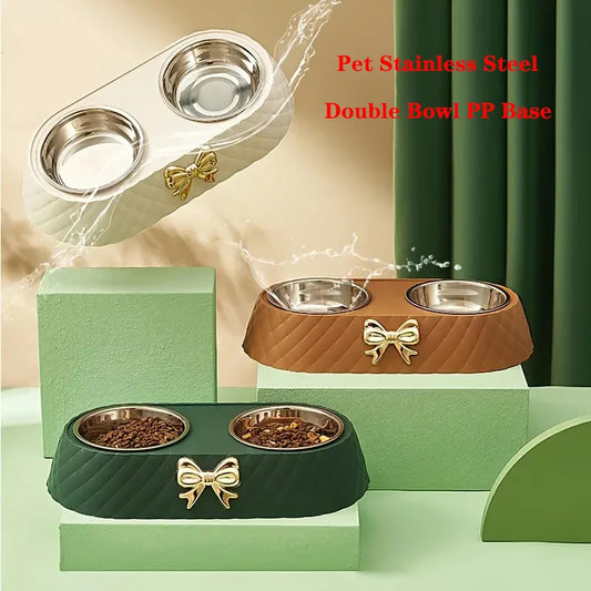 Bow-tie Bowknot Food Bowl Dog Bowl Stainless Steel Double Feeding and Drinking Double Bowl