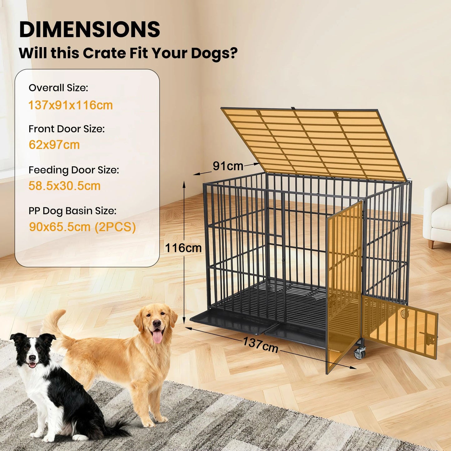 Heavy Duty Escape-Proof Metal Dog Crate with 3 Doors, Removable Tray, Locking Wheels