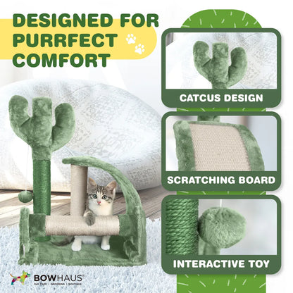 Cactus Cat Tree Tower for Indoor Cats, Green Cute 20-Inch Small Cat Tree with Thickened Base,