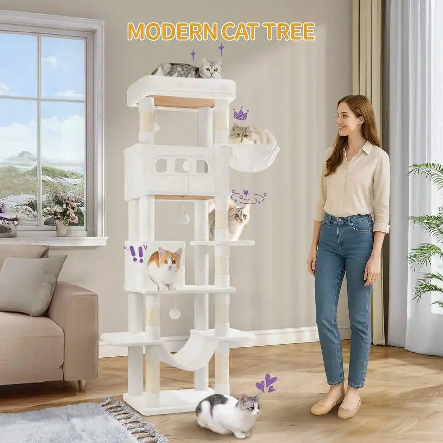 67" Tall Cat Tower For Indoor Cats, Multi-Level House With Condo, 8 Scratching Posts, Hammock, 4 Pom Pom