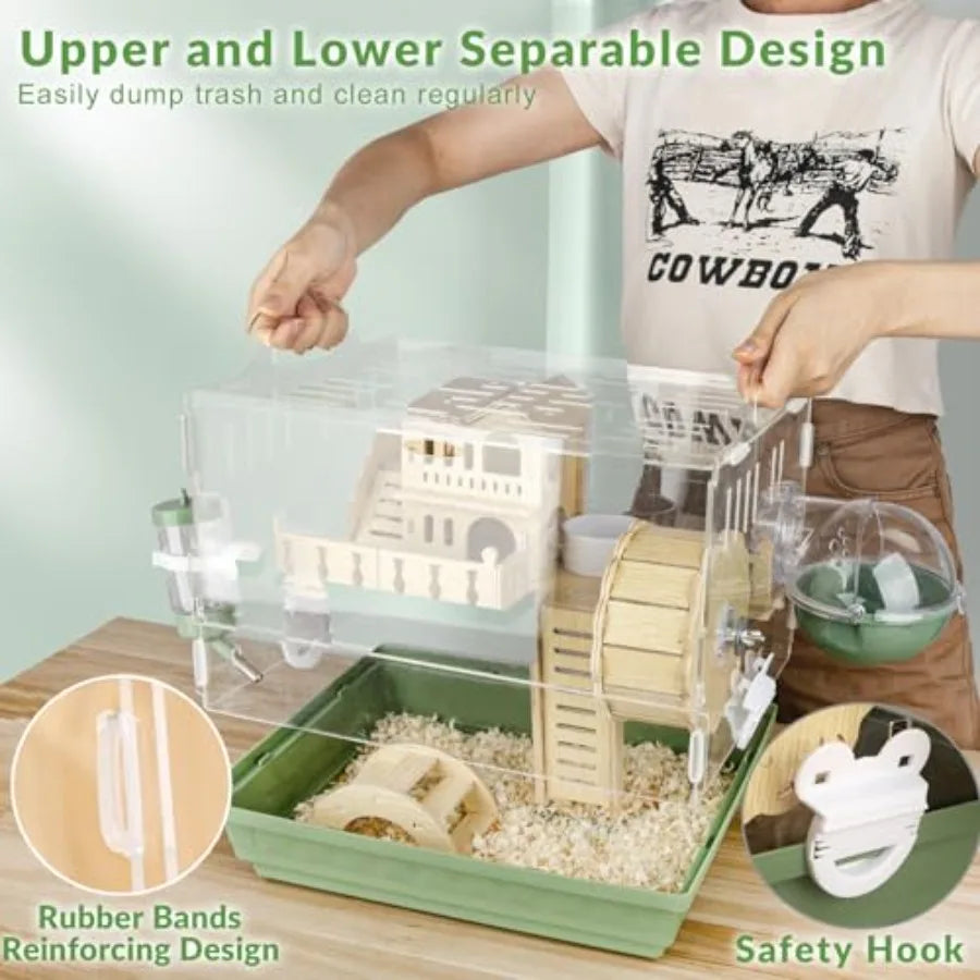 8 in 1 Acrylic Hamster Cage, 2-Tier Dwarf Hamster Cage with Wooden Wheel and Hideout,