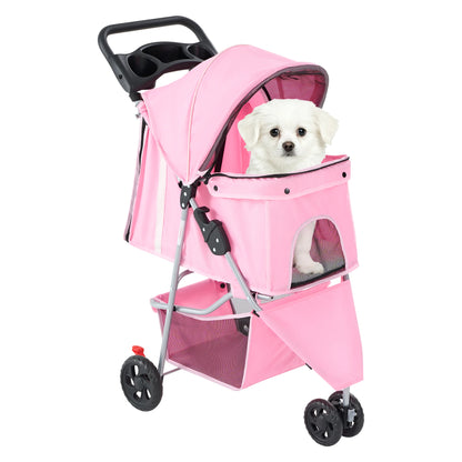 JHK 3 Wheels Foldable Pet Stroller for Small Dogs and Cats with Mesh Windows Storage Basket Cup Holder for Outdoor Use