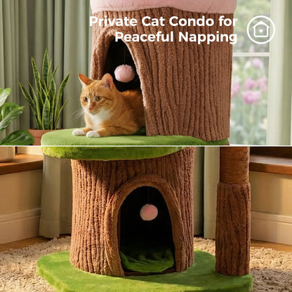 Large Cat Tree with 4 Spacious Condos Thick Scratching Post Flower Top Bed,  Indoor Luxury Cat House