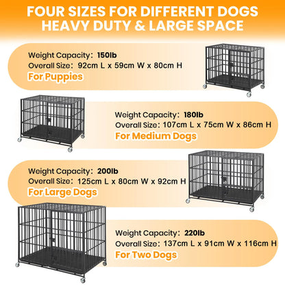 Heavy Duty Escape-Proof Metal Dog Crate with 3 Doors, Removable Tray, Locking Wheels