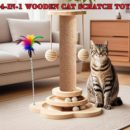 4-in-1 Wooden Cat Scratcher with Ball Track & Feather Toy Self-Play Kitten Activity Center