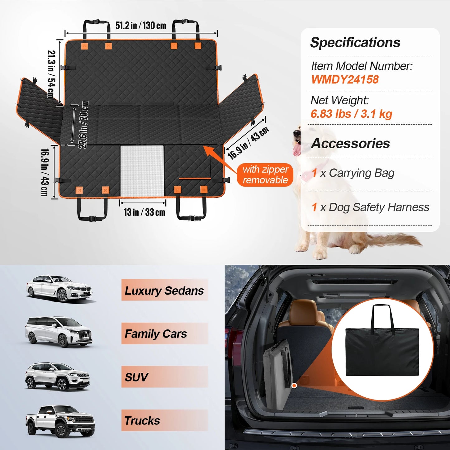 SucceBuy Back Seat Extender Dog Car Seat Cover, Back Seat Bed with Mesh Window and Storage Pocket Supports 350lbs