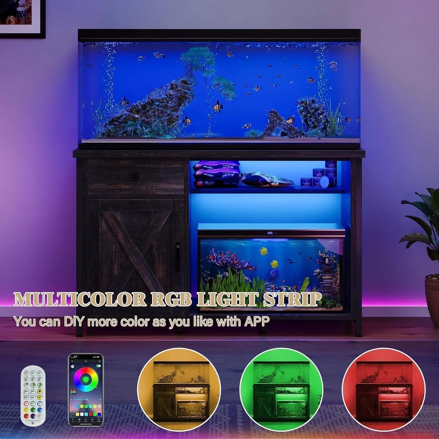 Heavy Duty Aquarium Stand with Power Outlets, LED Light & Cabinet Storage for 55-75 Gallon Fish Tanks