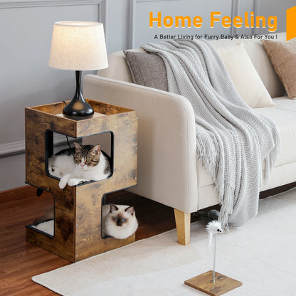 Wood Cat Condo House Bed with Removable Soft Mats Modern Cat Tree Tower with Scratching Pad
