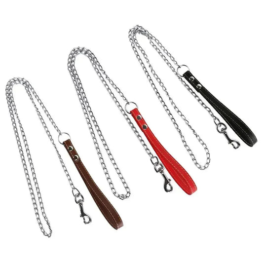 Heavy Duty Metal Chain Dog Lead With Leather Handle Long Strong Control Leash