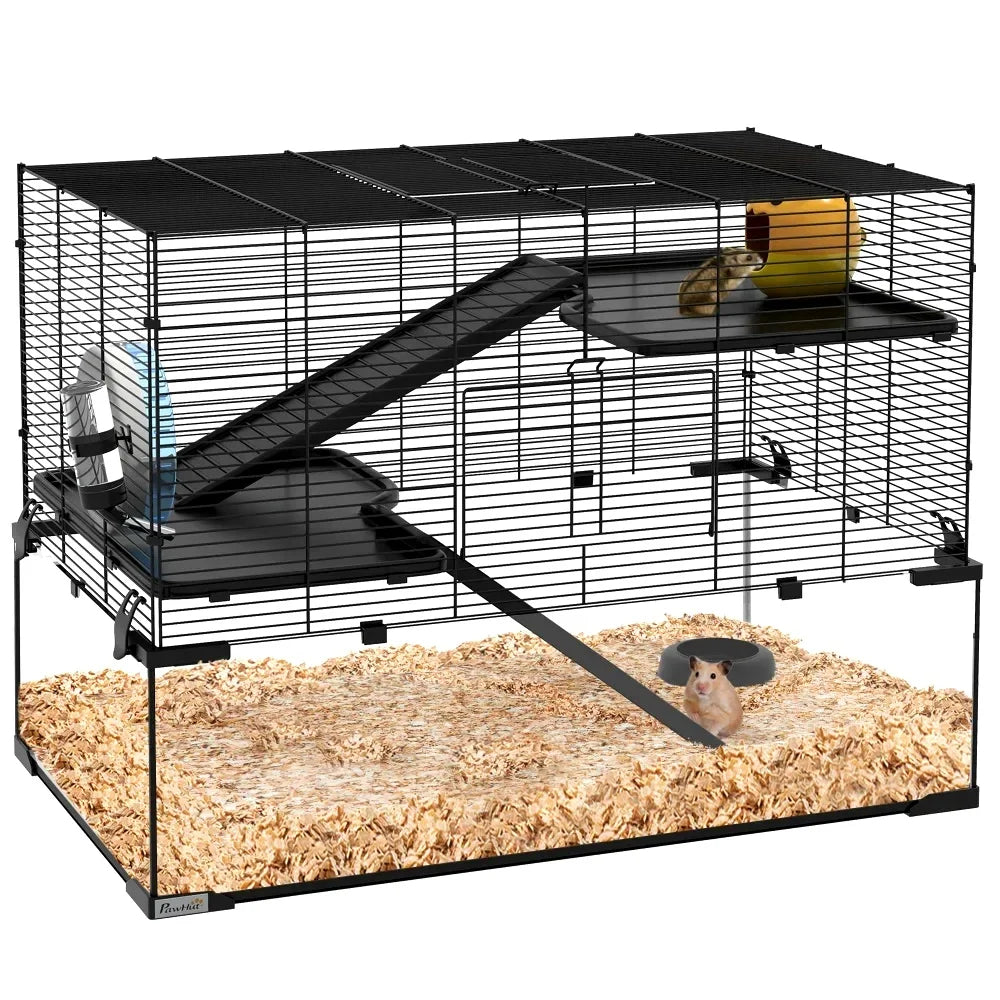 PawHut 31" Hamster Cage with Glass Basin, Ramps, Platforms, Hut, Exercise Wheel, Black