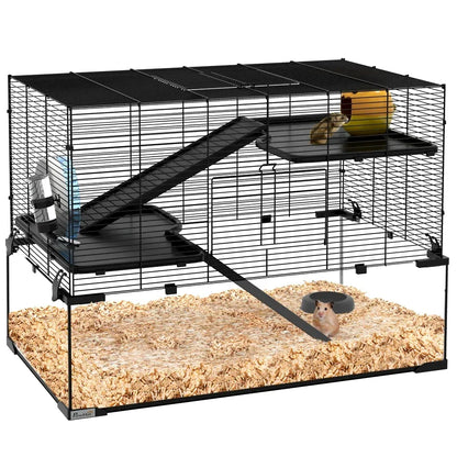 PawHut 31" Hamster Cage with Glass Basin, Ramps, Platforms, Hut, Exercise Wheel, Black