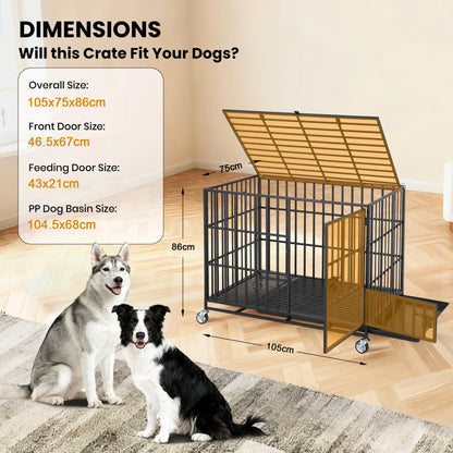 Heavy Duty Escape-Proof Metal Dog Crate with 3 Doors, Removable Tray, Locking Wheels