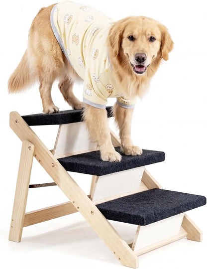 Wood Pet Stairs & Ramp for Aging Pets Small/Medium Dogs and Cats. – 2-in-1 Foldable, Portable, Non-Slip Pet Ladder for Tall Beds, Couches, Cars