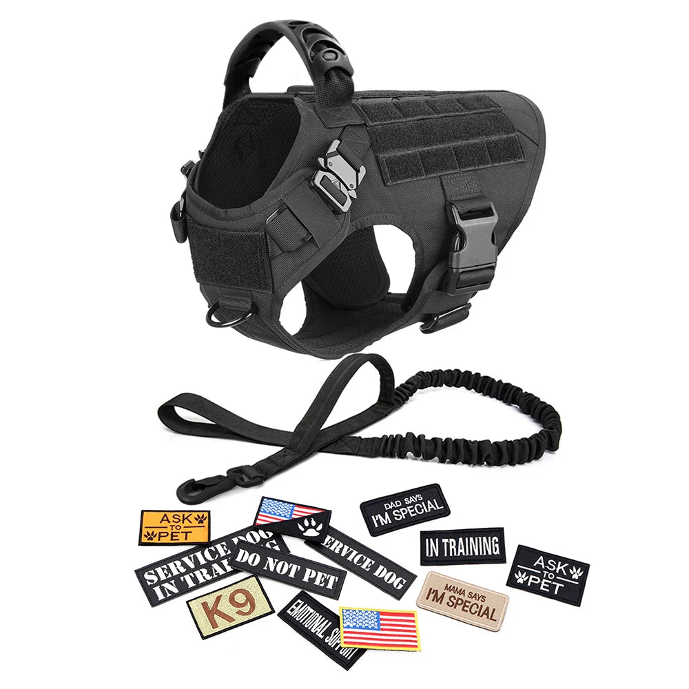 Military Dog Harness Collar Leash Bags Patches Set Training Vests